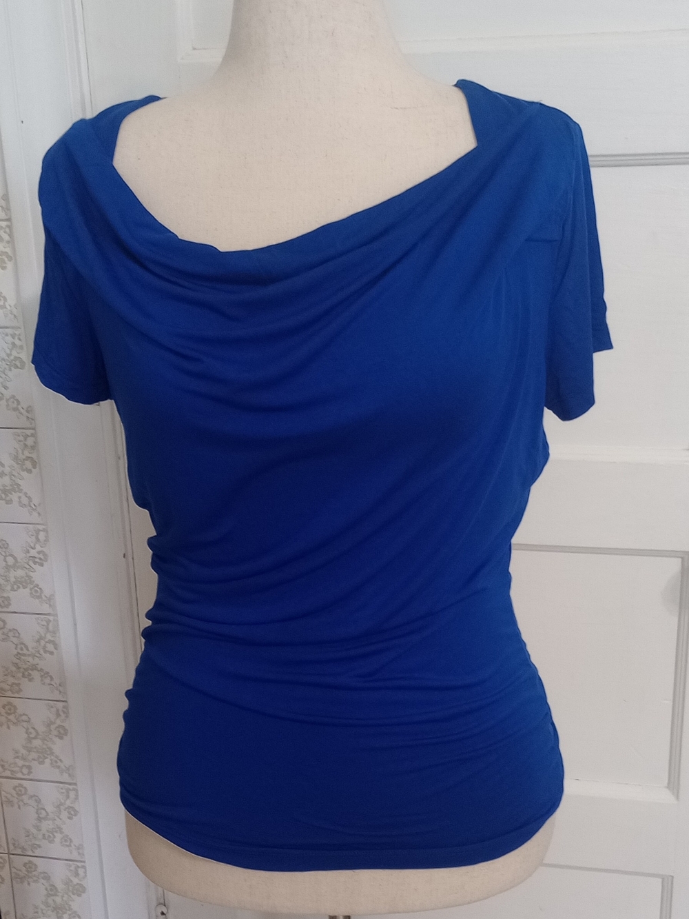 Kenar Cobalt Blue Cowl Neck Short Sleeve Blouse Top Size M